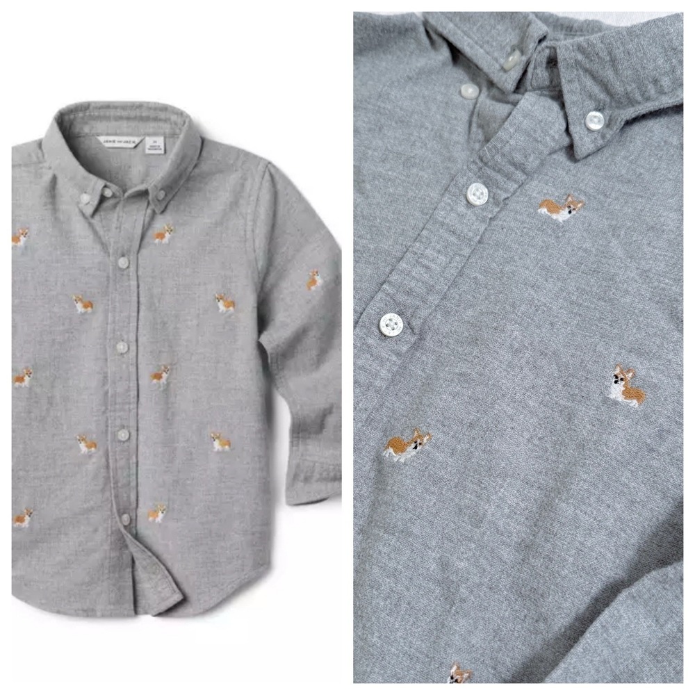 Janie & Jack Boys 6 Brushed Oxford Long Sleeve Shirt Gray Embroidered Corgi Dog